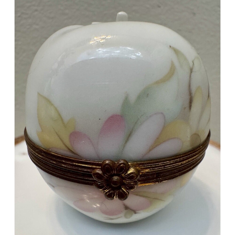 Vintage Limoges France Apple Trinket Box Hand Painted Floral Porcelain
